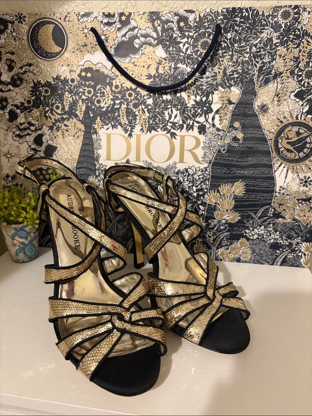 Audrey Brooke Black and Gold Strappy High Heel Sandals